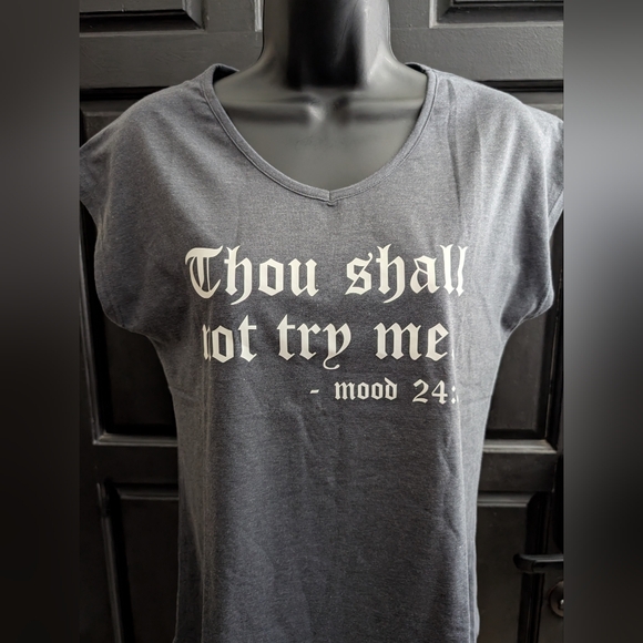 2/$25 Women's Heather Gray Cap Sleeve Top W/Thou Shall Not Try Me Screen Print - Picture 3 of 7
